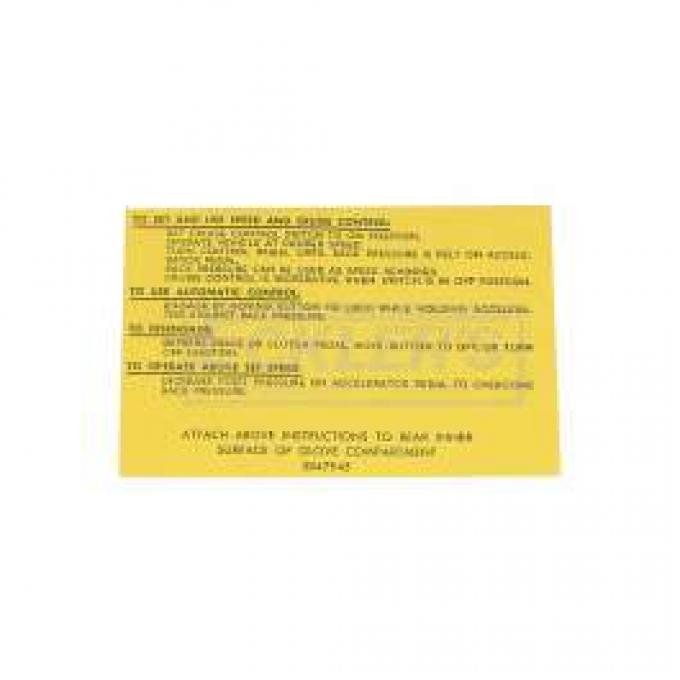 El Camino Cruise Control Instruction Tag, 1964-1966