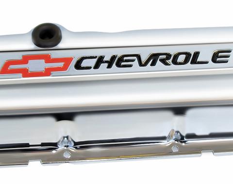 Proform Engine Valve Covers, Stamped Steel, Short, Chrome, w/ Bowtie Logo, Fits BB Chevy 141-812