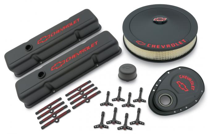 Proform Engine Dress-Up Kit, Black Crinkle Finish, Red Bowtie, Red Letters, For SB Chevy 141-758