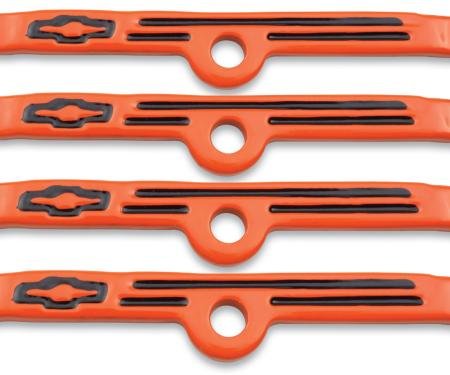 Proform Engine Valve Cover Holdown Clamps, Orange with Black Bowtie Logo, SB Chevy, 4 Pc 141-782