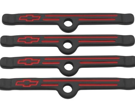 Proform Engine Valve Cover Holdown Clamps, Black Crinkle w/Bowtie Logo, SB Chevy, 4 Pcs 141-757