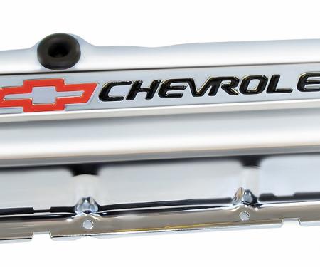 Proform Engine Valve Covers, Stamped Steel, Short, Chrome, w/ Bowtie Logo, Fits BB Chevy 141-812