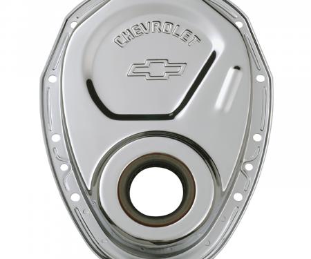 Proform Timing Chain Cover, Chrome, Steel, With Chevy and Bowtie Logo, SB Chevy 69-91 141-215