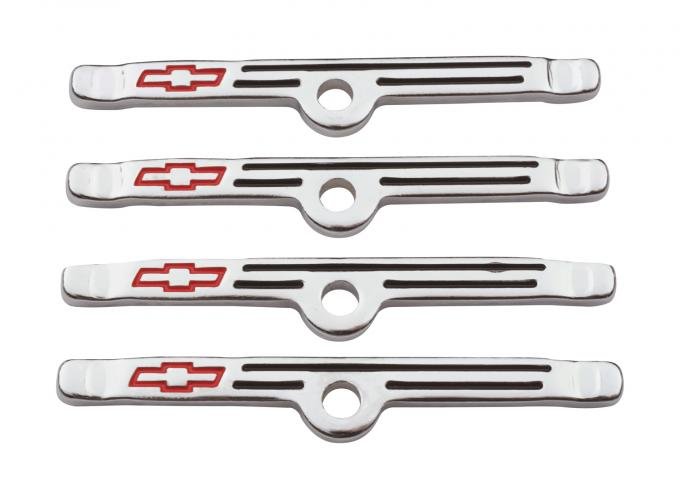 Proform Engine Valve Cover Holdown Clamps, Chrome with Red Bowtie Logo, SB Chevy, 4 Pcs 141-903