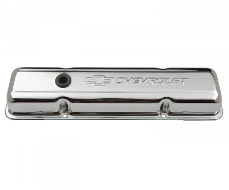 Proform Engine Valve Covers, Stamped Steel, Short, Chrome, w/ Bowtie Logo, Fits SB Chevy 141-102
