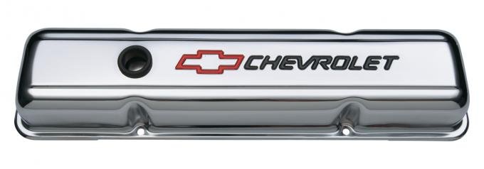 Proform Engine Valve Covers, Stamped Steel, Short, Chrome, w/ Bowtie Logo, Fits SB Chevy 141-899