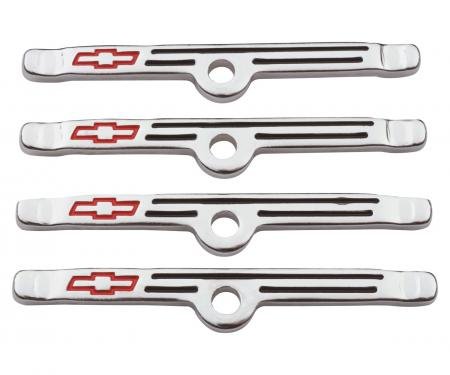 Proform Engine Valve Cover Holdown Clamps, Chrome with Red Bowtie Logo, SB Chevy, 4 Pcs 141-903