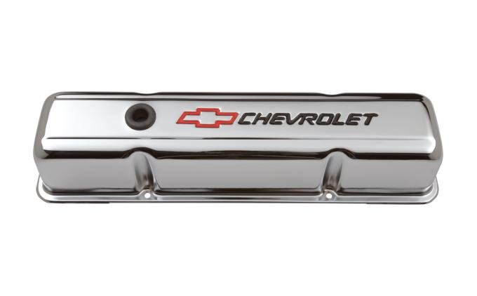 Proform Engine Valve Covers, Stamped Steel, Tall, Chrome, w/ Bowtie Logo, Fits SB Chevy 141-905