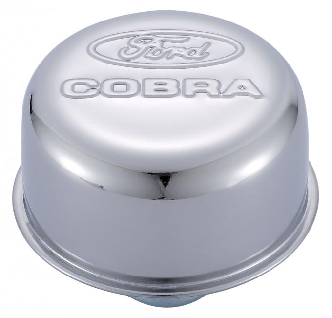 Proform Engine Valve Cover Breather, 3 In Dia, Ford Cobra Logo, Push-In Style, Chrome 302-225