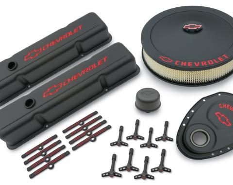 Proform Engine Dress-Up Kit, Black Crinkle Finish, Red Bowtie, Red Letters, For SB Chevy 141-758