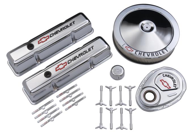 Proform Engine Dress-Up Kit, Chrome w/Red Chevy Logo, Fits SB Block Chevy Engines 141-900