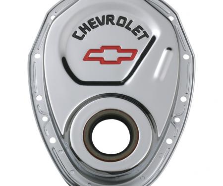Proform Timing Chain Cover, Chrome, Steel, With Chevy and Bowtie Logo, SB Chevy 69-91 141-904