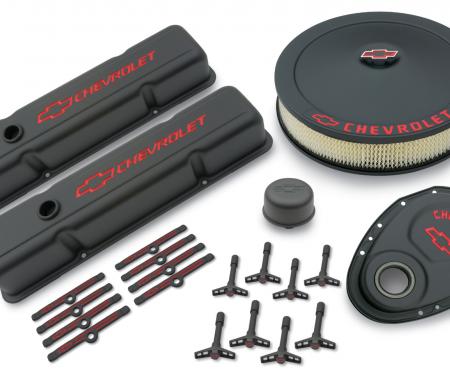 Proform Engine Dress-Up Kit, Black Crinkle Finish, Red Bowtie, Red Letters, For SB Chevy 141-758