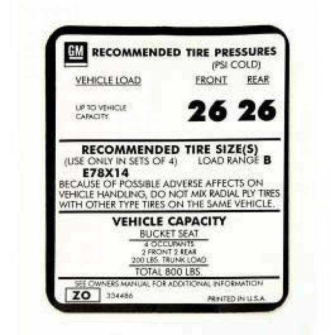 Camaro Tire Pressure, 1973-1974