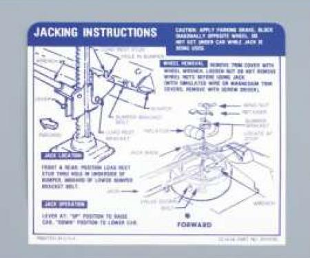 Camaro Jacking Instructions Decal, Trunk, Convertible, 1967-1968