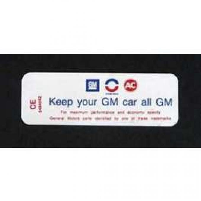 Camaro Air Cleaner Decal, Keep Your GM Car All GM, 250, 6-Cylinder, 1970