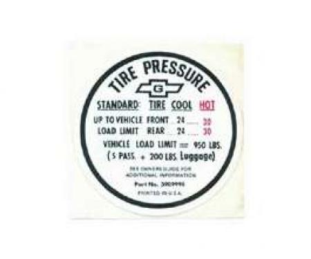 Camaro Tire Pressure Decal, Glove Box Door, For All Cars Except SS350 & SS396, 1967