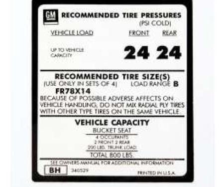 Camaro Tire Pressure Decal, 1974-1976