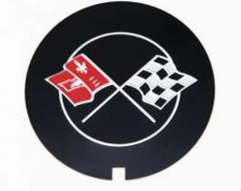 Camaro Valve Cover Crossed Flag Emblem, Z28, Finned Aluminum, GM, 1970-1973