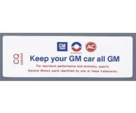 Camaro Air Cleaner Decal, Keep Your GM Car All GM, 350/250, 1970