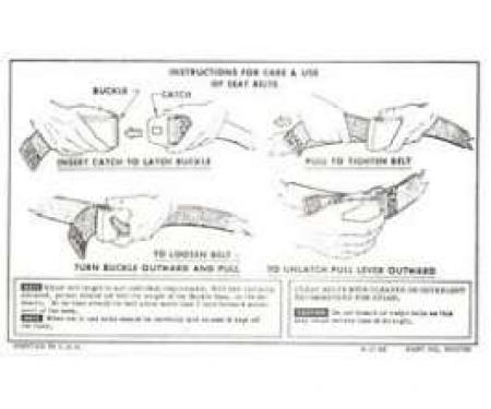 Camaro Seat Belt Instructions Card, 1967