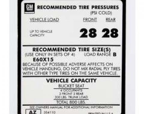 Camaro Tire Pressure Decal, Z28, 1975