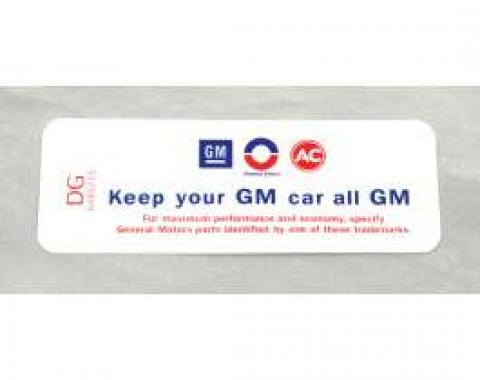 Camaro Air Cleaner Decal, "Keep Your GM Car All GM", For Cars With Cowl Induction, DG, 1969-1971