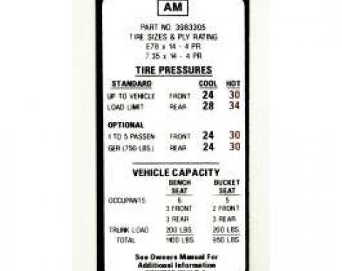 Camaro Tire Pressure Decal, 1970