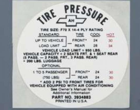 Camaro Tire Pressure Decal, SS, Glove Box Door, 1968