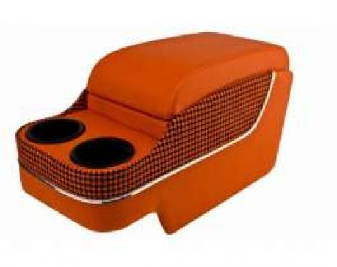 Camaro Custom Deluxe SS Floor Console, With Drink Holders, Houndstooth, With Chrome Trim, Orange & Black, 1967-1969