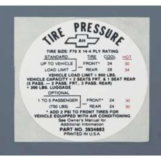 Camaro Tire Pressure Decal, SS, Glove Box Door, 1968