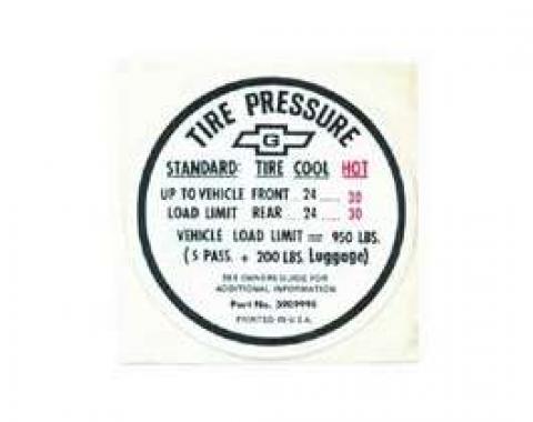 Camaro Tire Pressure Decal, Glove Box Door, For All Cars Except SS350 & SS396, 1967