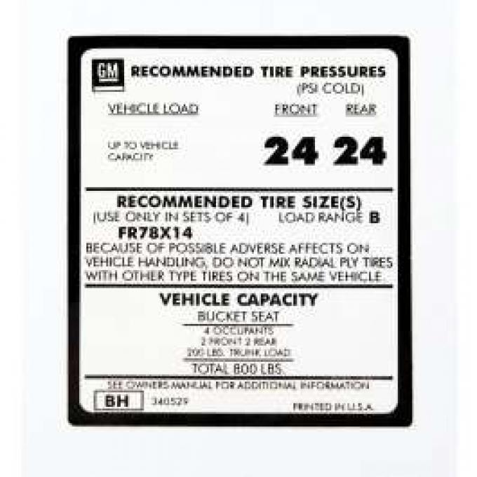 Camaro Tire Pressure Decal, 1974-1976