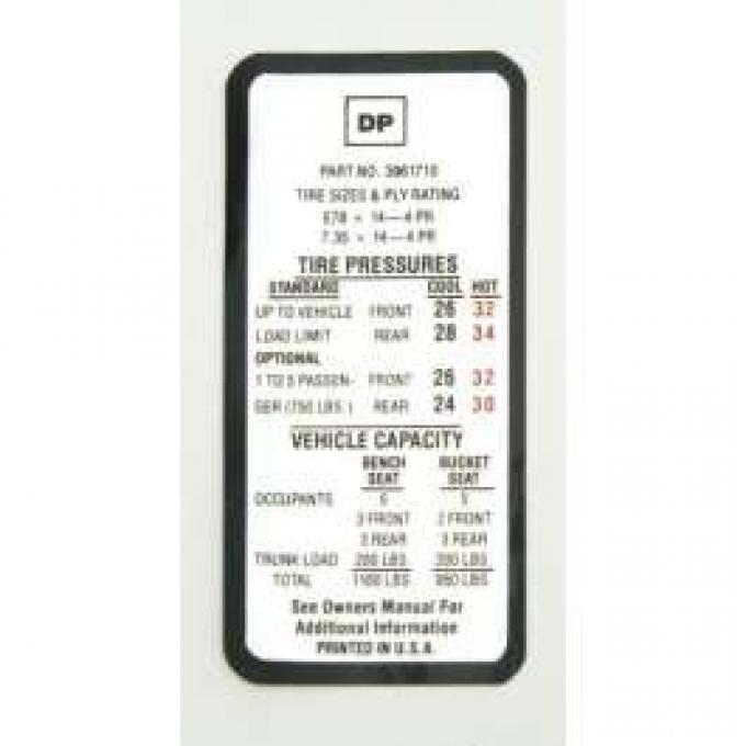 Camaro Tire Pressure Decal, Driver's Door, For All Cars Except SS & Z28, 1969