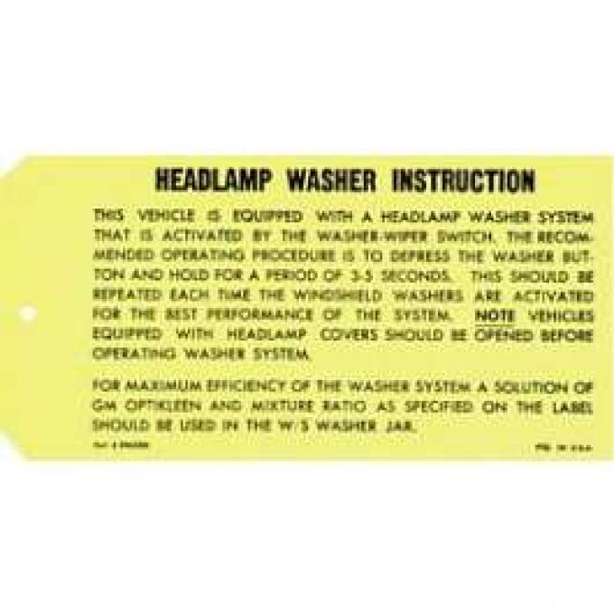 Camaro Headlight Washer Instruction Tag, 1969