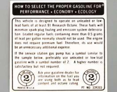 Camaro Decal, Fuel Recommendation, 1973-1974