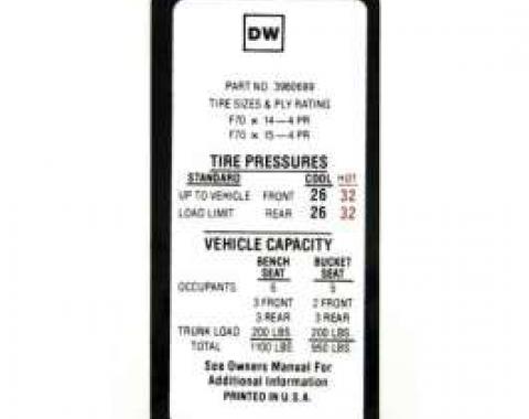 Camaro Tire Pressure Decal, SS, Driver's Door, 1969
