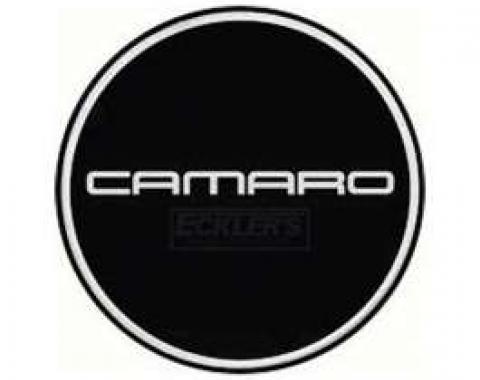 Camaro Wheel Center Cap Emblem, Chrome Logo, Black Background, GM, 1982-1992