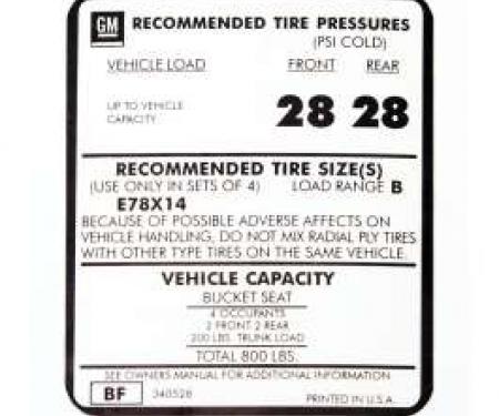 Camaro Tire Pressure Decal, 1974-1976