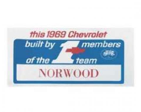 Camaro #1 Team Norwood Dash Card, 1969