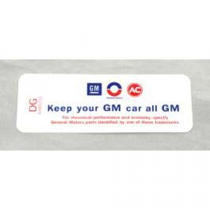 Camaro Air Cleaner Decal, "Keep Your GM Car All GM", For Cars With Cowl Induction, DG, 1969-1971