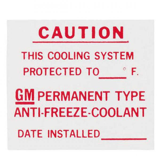 Full Size Chevy GM Dealer Installed Anti-Freeze Information Decal, 1960-1975