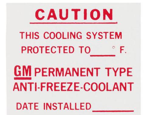Full Size Chevy GM Dealer Installed Anti-Freeze Information Decal, 1960-1975