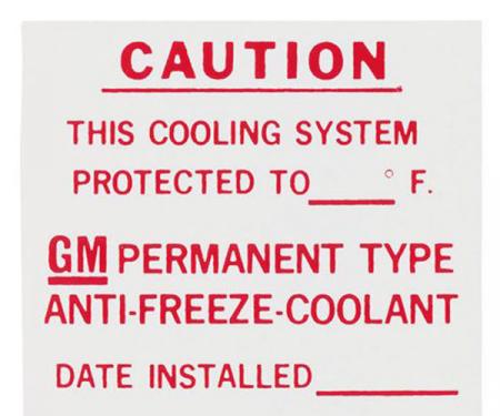 Full Size Chevy GM Dealer Installed Anti-Freeze Information Decal, 1960-1975