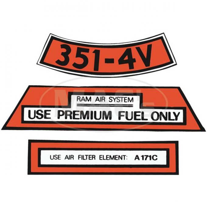 Ford Mustang Air Cleaner Decal - Boss 351-4V - 3 Piece Set