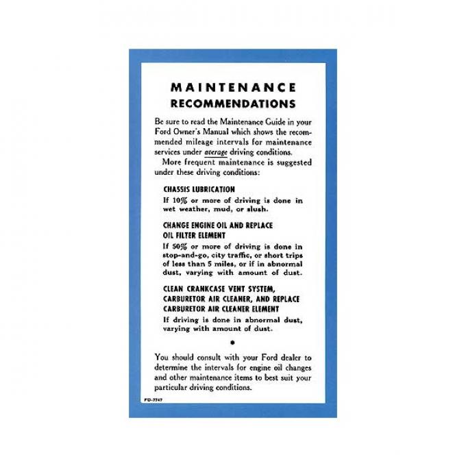 Owner's Manual Maintenance Sheet - Ford