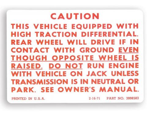 Camaro Caution Posi-Traction Decal, 1971-1978