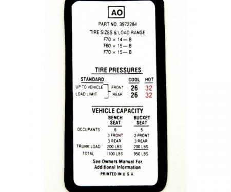 Camaro Tire Pressure Decal, 1970