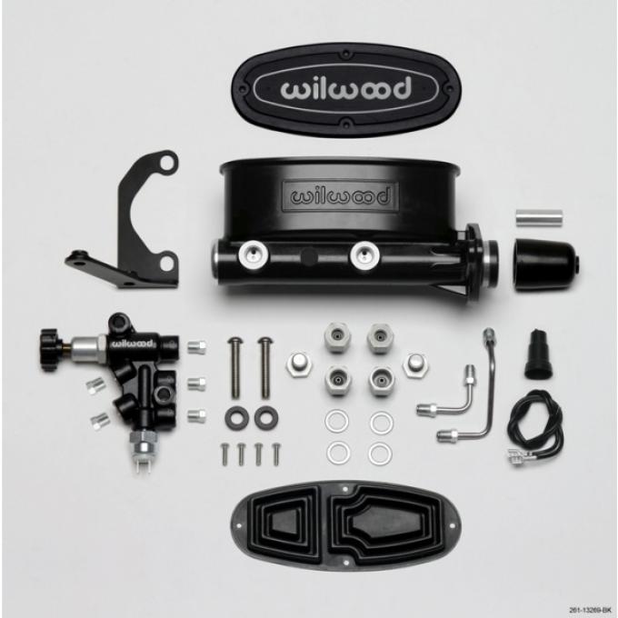 Chevy Wilwood Master Cylinder Kit, Tandem, Black Electrocoated Aluminum, with Bracket & Valve, 1.00" Bore 1955-1957