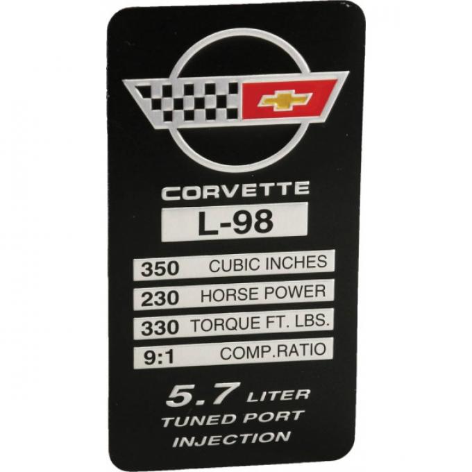 Corvette Console Performance Specifications Plate, L98, 1985